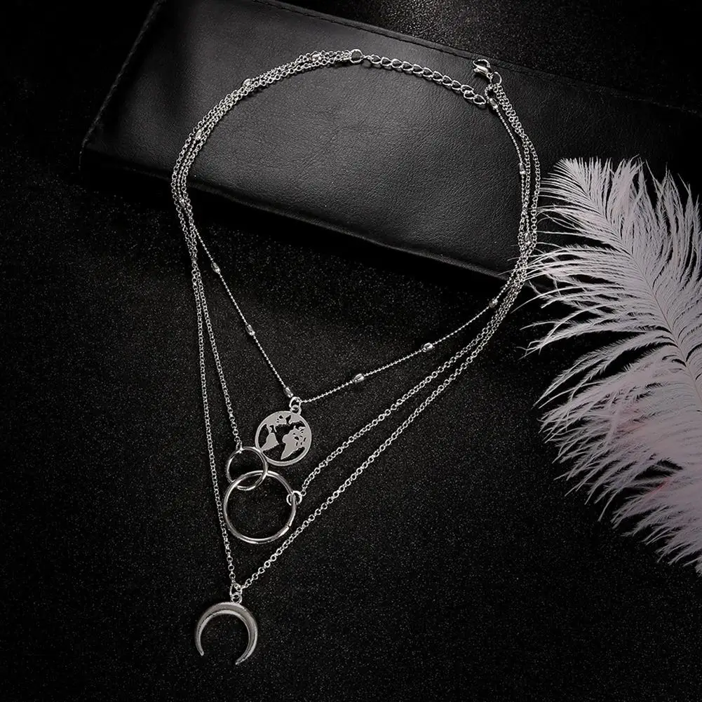 

Retro Moon World Map Circle Pendant Multilayer Chain Necklaces Silver Color Simple Classic Party Charm Jewelry Gifts For Women