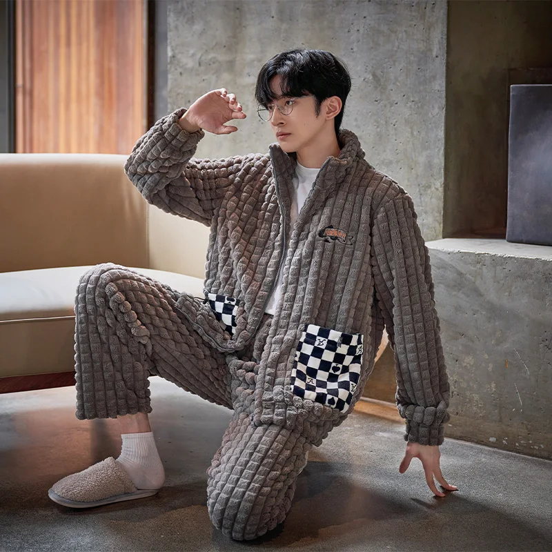 QUHENG New Flannel Men's Autumn Winter Long Sleeve Pajama Sets Thick Warm Men Sleepwear Coral Fleece Sleep Lounge Pajamas