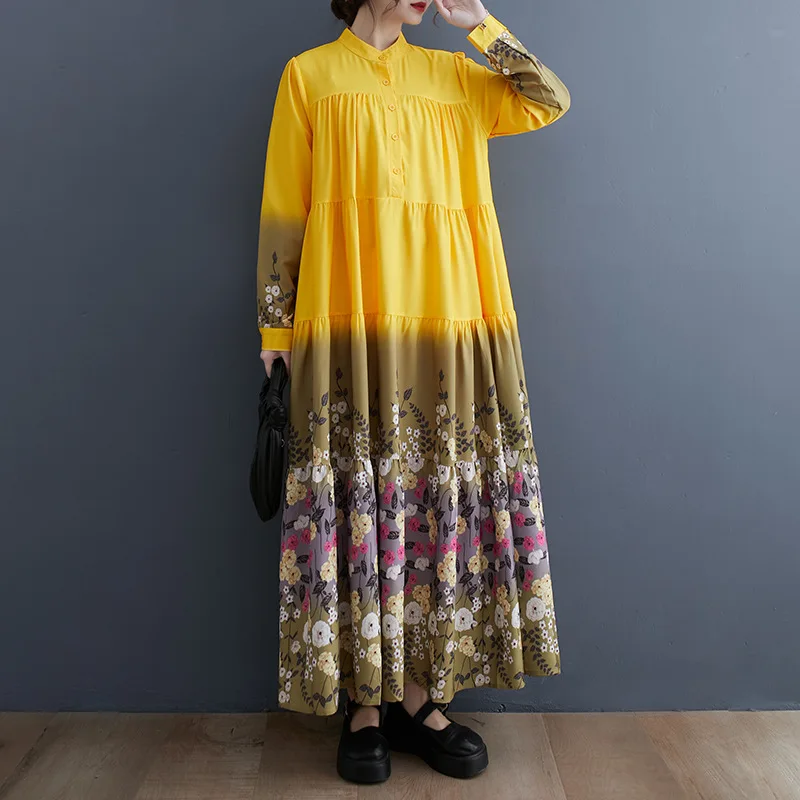 

Spring 2023 New Literary Slim Print Paneled Midi Dress
