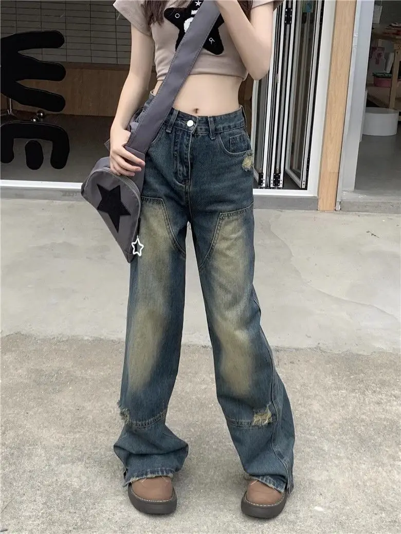 Vintage American High Street Design Straight Jeans Female Summer Broken Holes High Waist Loose Thin Wide-Legged Drag Pants