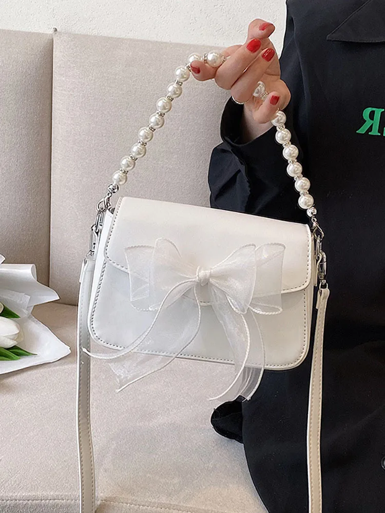

Beading Top Handle Women's Bag Fashion Bow Shoulder Crossbody Bags for Women Luxury Design Pu Leather Solid Flap Ladies Handbags