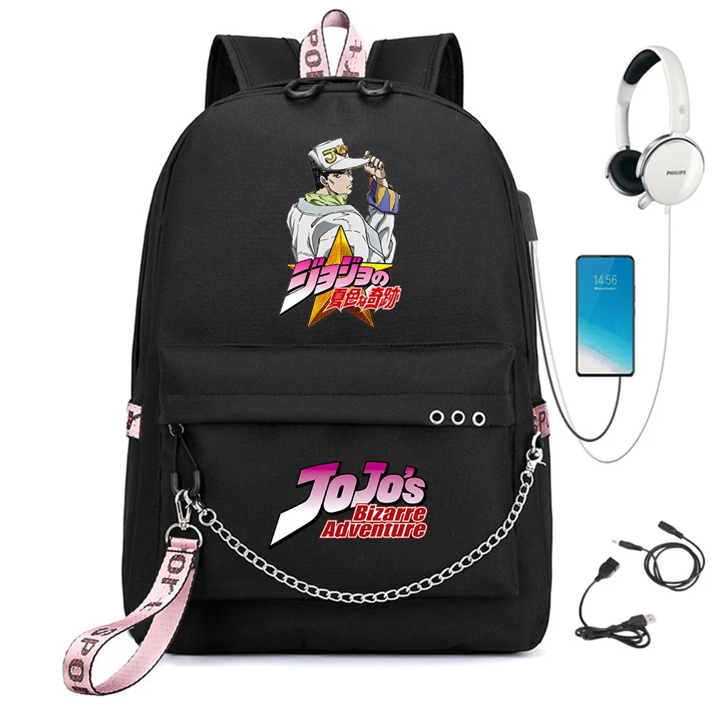 

JoJo's Bizarre Adventure Nylon Backpack Schoolbag Casual USB Cartoon Teenger Travel Laptop Bag Zipper Student Bookbag Knapsack