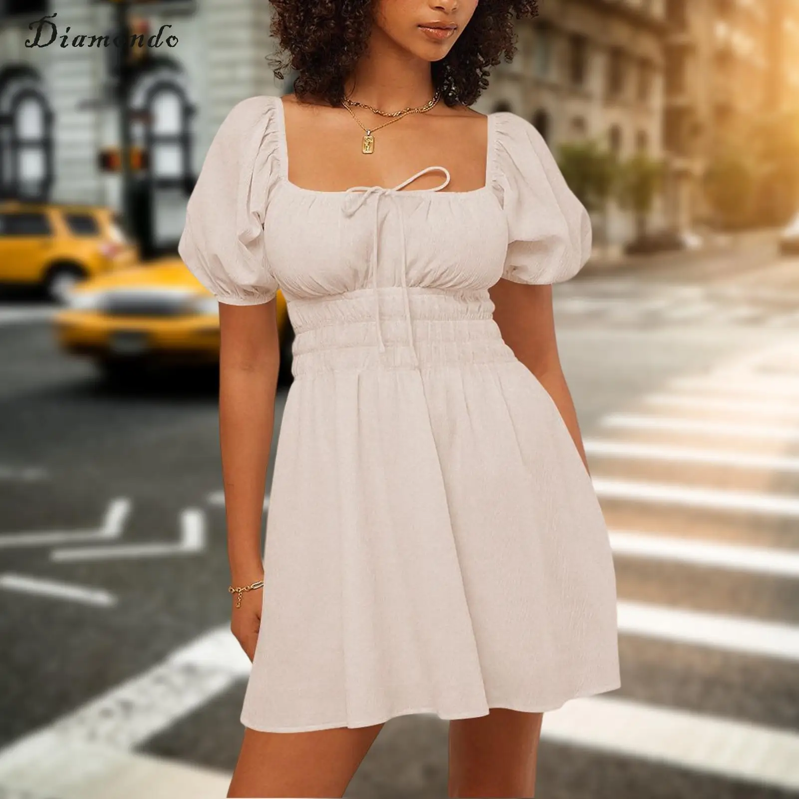 

Women Beach Dresses Short Sleeve Square Neck Party Dresses Fashion Lantern Sleeve Pleated Solid Color for Cocktail Wedding