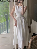 elegant long white dress women sexy sleeveless hollow out y2k dress female korean one piece vintage casual holiday party dress