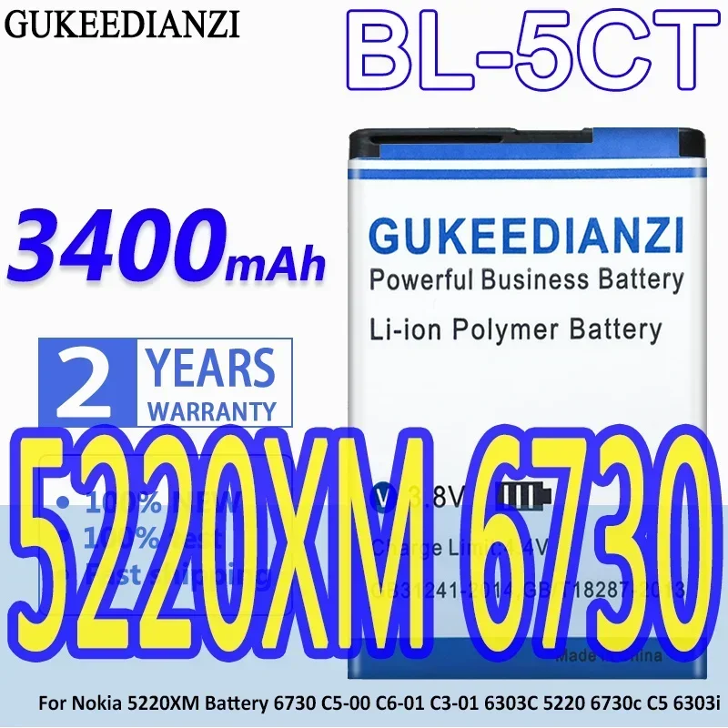 3400 мАч BL 5CT GUKEEDIANZI Аккумулятор BL-5CT для Nokia 5220XM 6730 C5-00 C6-01 C3-01 6303C 5220 6730c C5 6303i + трек-код