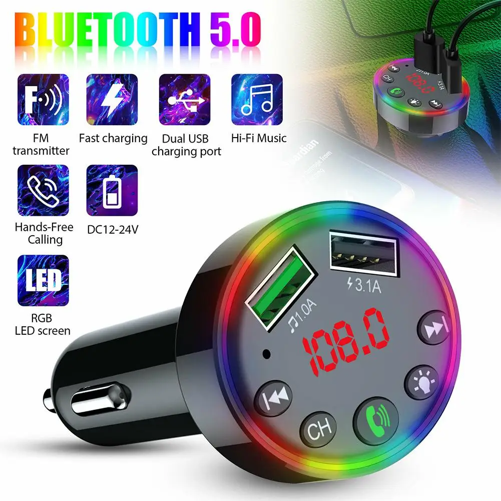 

Новый автомобильный Fm-трансмиттер F9 со светодиодным экраном и поддержкой Bluetooth 5,0, mp3-плеер, подсветка для создания атмосферы с U-диском и муз...
