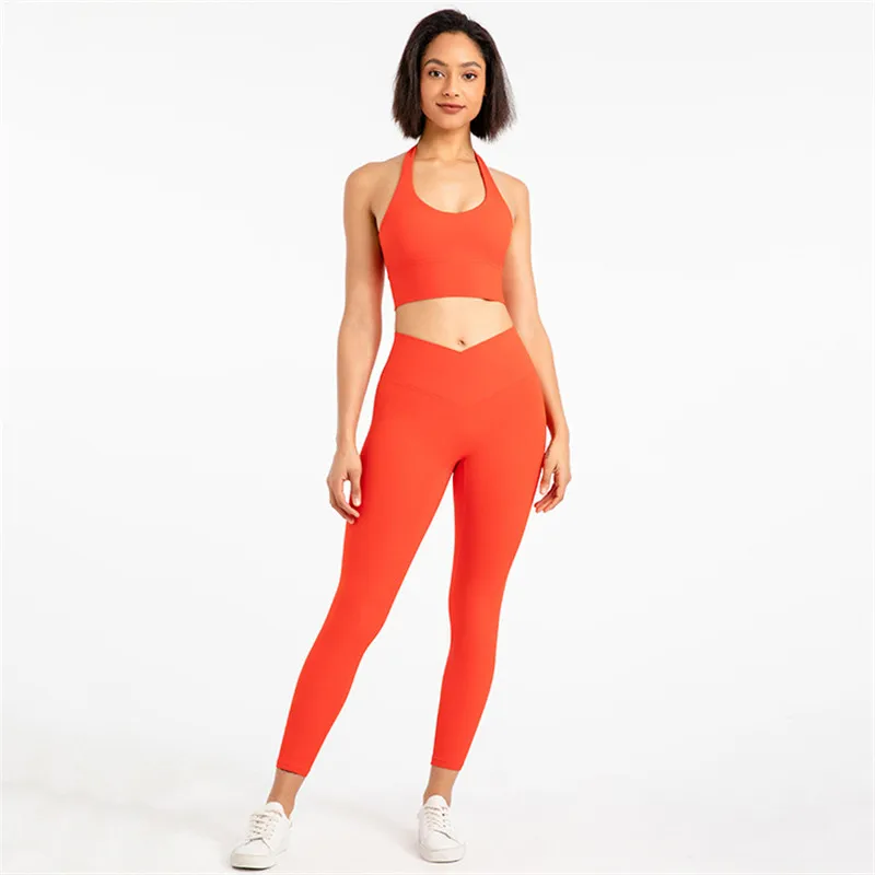 Solid Color Women Gym Fitness Set Halter Neck Sports Bra Crop Top Yoga Legging Two Pcs Suits Front Waist Cross Workout Training