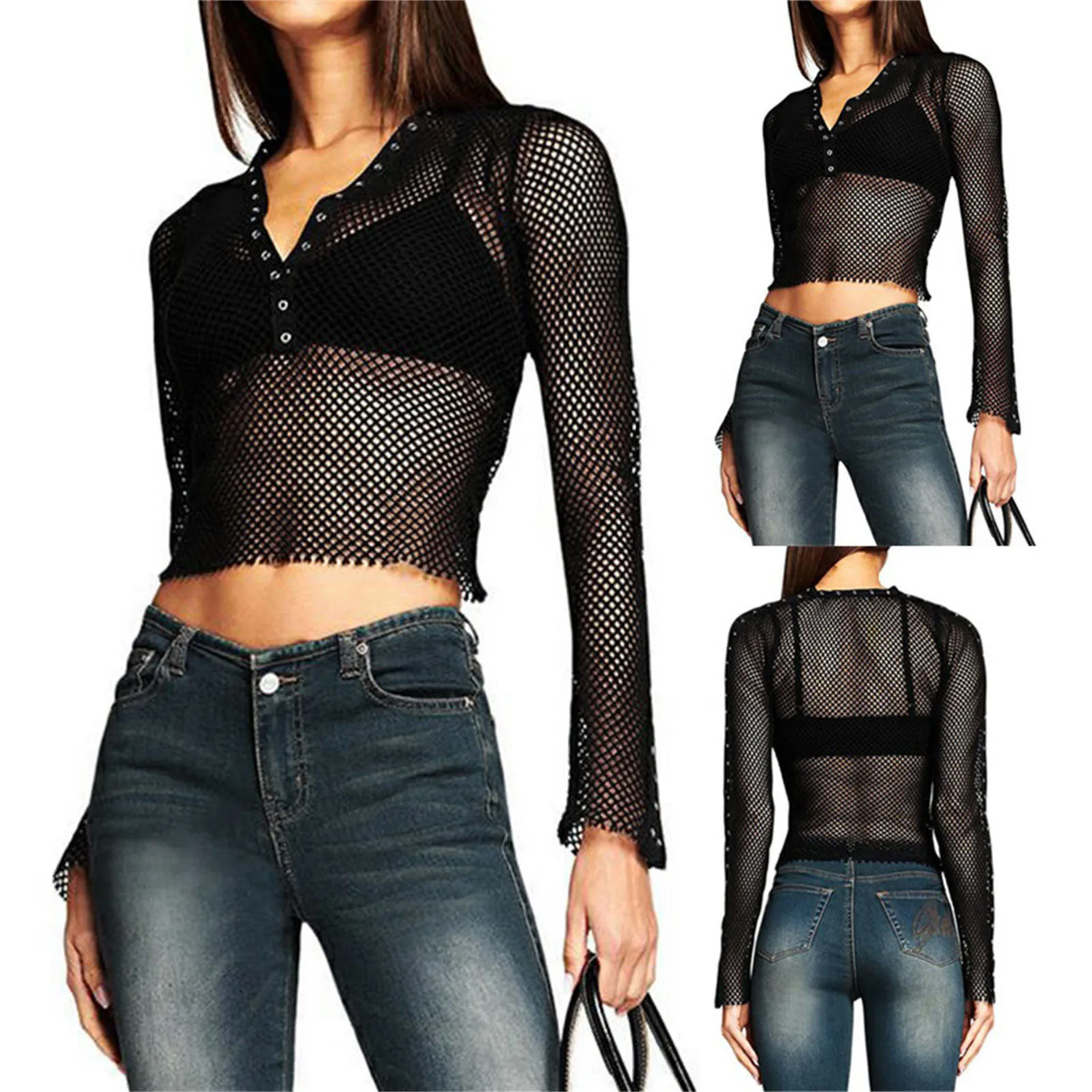 

Women Short Top Shirt, Plain Long Sleeve Mesh Deep V-Neck Sheer Crop Tops, Ladies Summer/Spring/Fall Loose Navel Shirt