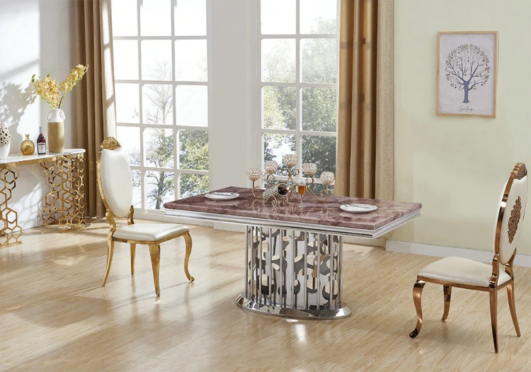 

Malaysia Dining Table Set Silver Stainless Steel Leg Marble Dining Tables Purple Dining Table Set