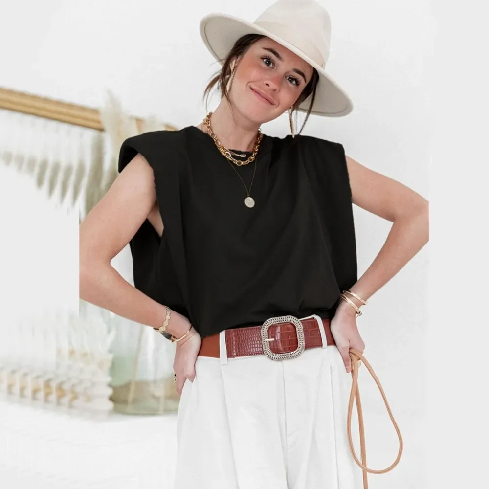 

Shoulder Padded Korean Women T-Shirt O-Neck Sleeveless Solid Harajuku T Shirt 2023 Summer Casual Loose Ladies Top Tees