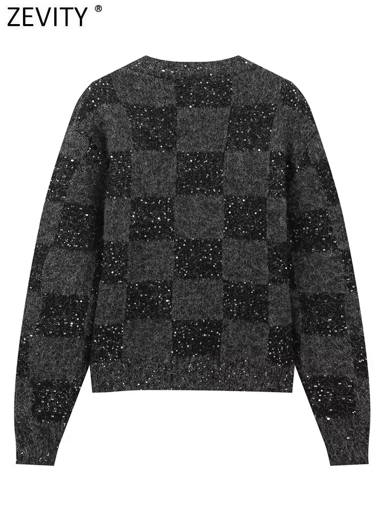 Новинка Женский жаккардовый вязаный свитер Zevity с блестками и V-образным вырезом