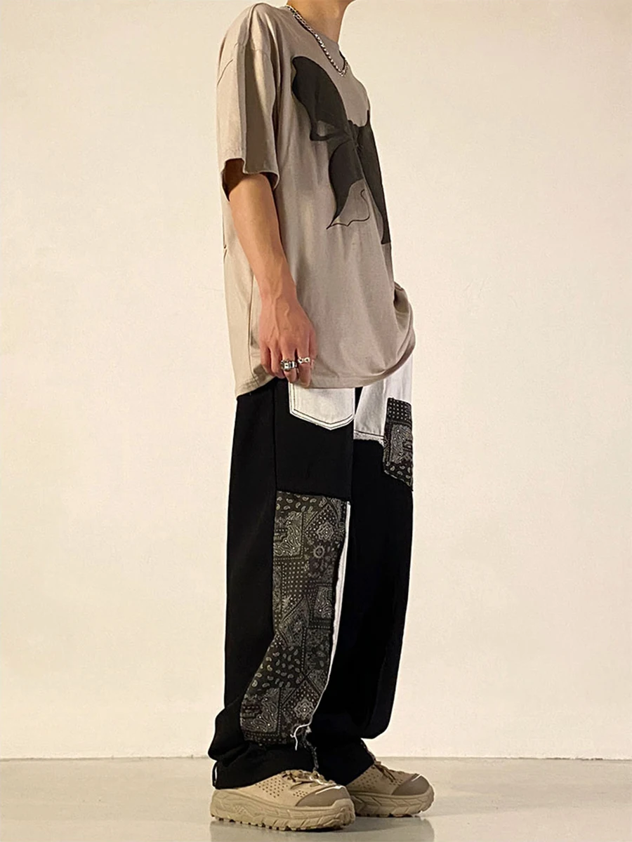 Four Seasons Men's Jeans Fashion Streetwear Stitching Straight Jeans Trend Design Color Matching Casual Trousers Ins Hot Sale