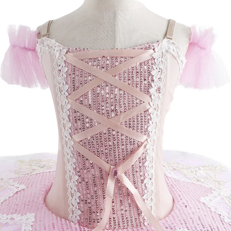 Розовая детская бальная одежда балетное платье-пачка с блестками и цветами для