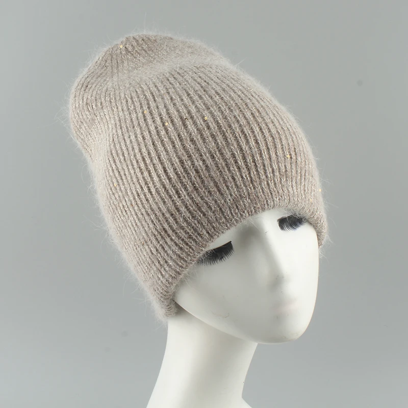2022 New Skullies Beanies Bling Sequins Rabbit Fur Knitted Hat Soft Warm Winter Hats For Women Gorros Female Cap