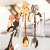 stainless steel spoons 6pcs cartoon cat hanging coffee cup hanging spoon ice cream dessert teaspoon creative kitchen accessory