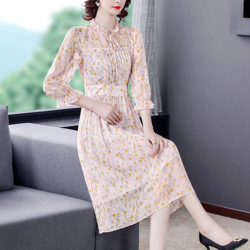 

Женское винтажное платье средней длины, элегантное платье из натурального шелка с рукавами-бабочками и оборками на воротнике, модель весна-лето 2023