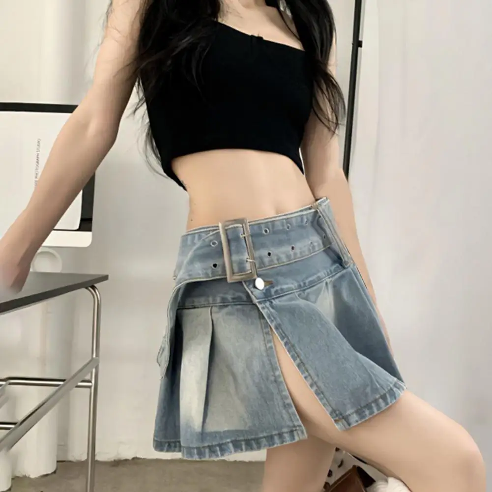 

Women Mini Skirt Stylish Women's A-line Pleated Skirt High Waist Adjustable Belt Button Closure for Clubwear Dating Short Skirt