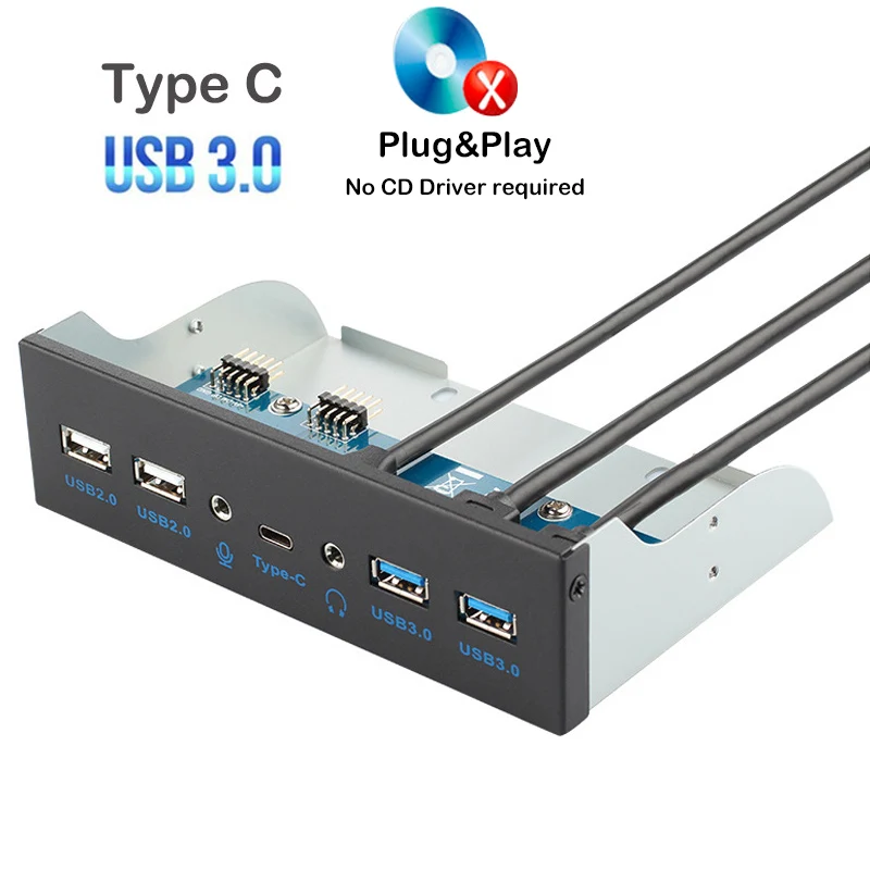 

5.25" Optical Drive Front Panel PC USB Type c HUB Auido Mic Connector Adapter Plug play Cable for Desktop Chassis Computer Case