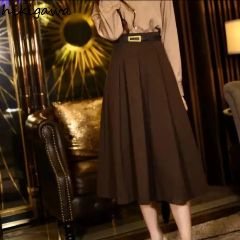 

2023 Faldas Mujer De Mofa Vintage Women Skirt High Waist A-line Temperament Jupe Japanese Fashion Big Swing Pleated Skirts
