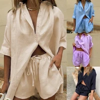 summer casual womens beauty single breasted lapel short sleeved shirt two piece wide leg pants lace up sportswear shorts set