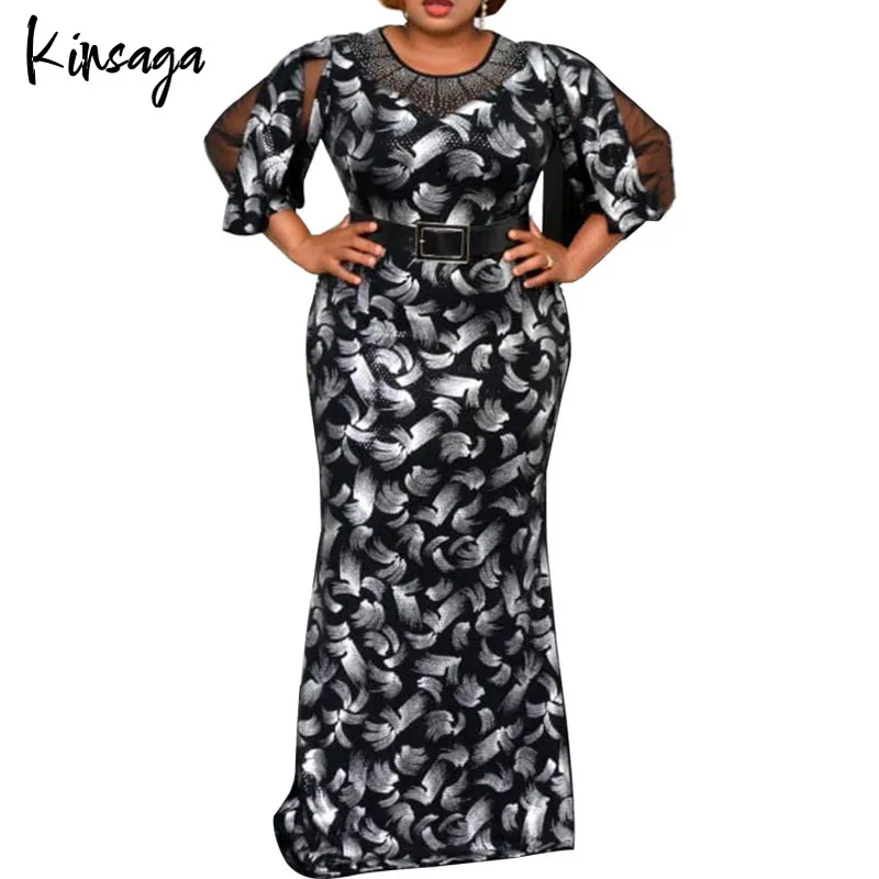 

Plus Size Luxury Sequins Mesh Patchwork Long Maxi Prom Dress 4XL Africa Three Quarter Sleeve Vintage Print Bodycon Mermaid Dress