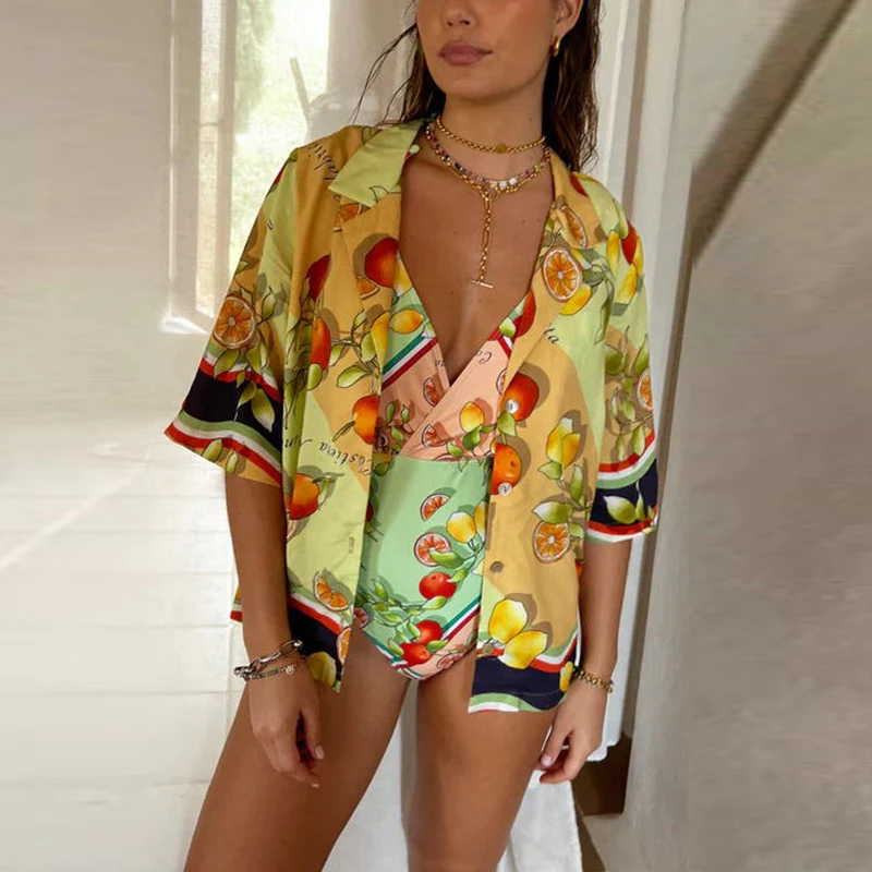 

Women Fashion Casual Printing Two-piece Suit Summer Harajuku Shirt With Loose Wide-Leg Pants Set New Female Beach Blouse Outfits