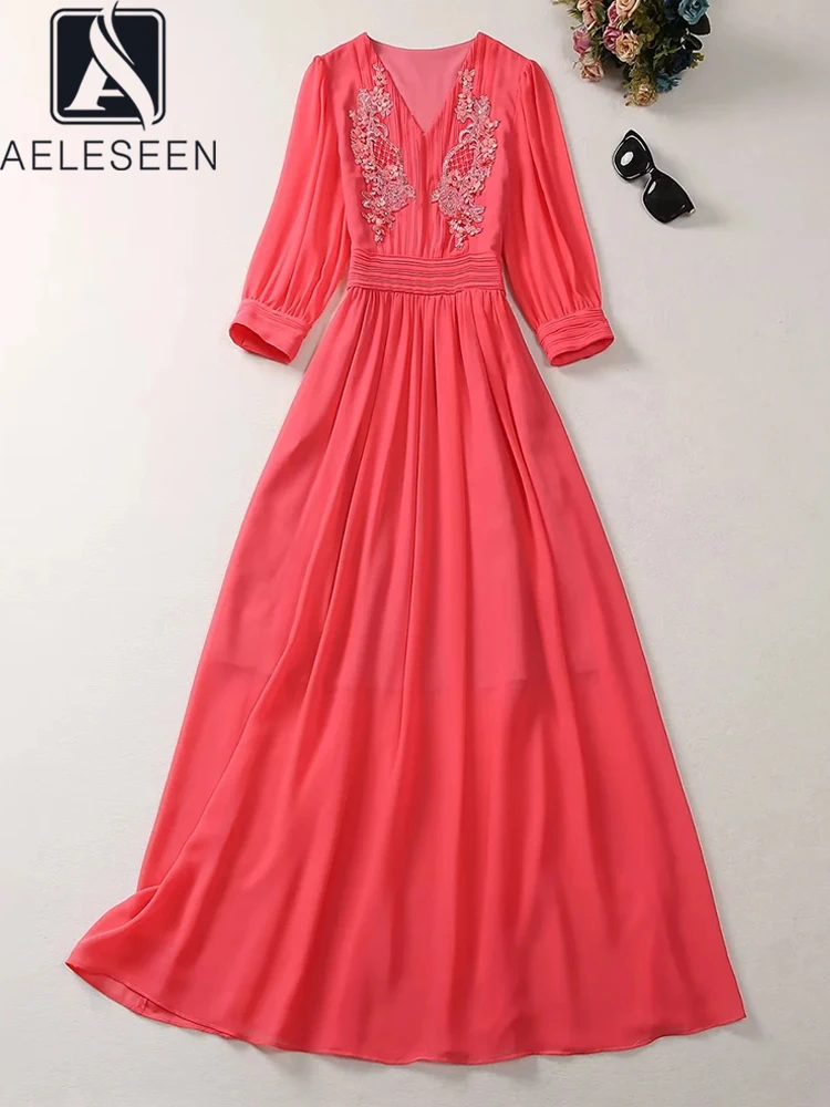 

AELESEEN Women Autumn Dress Runway Fashion V-Neck Vintage Beading Sequined Flower Embroidery Long Elegant Vacation Party