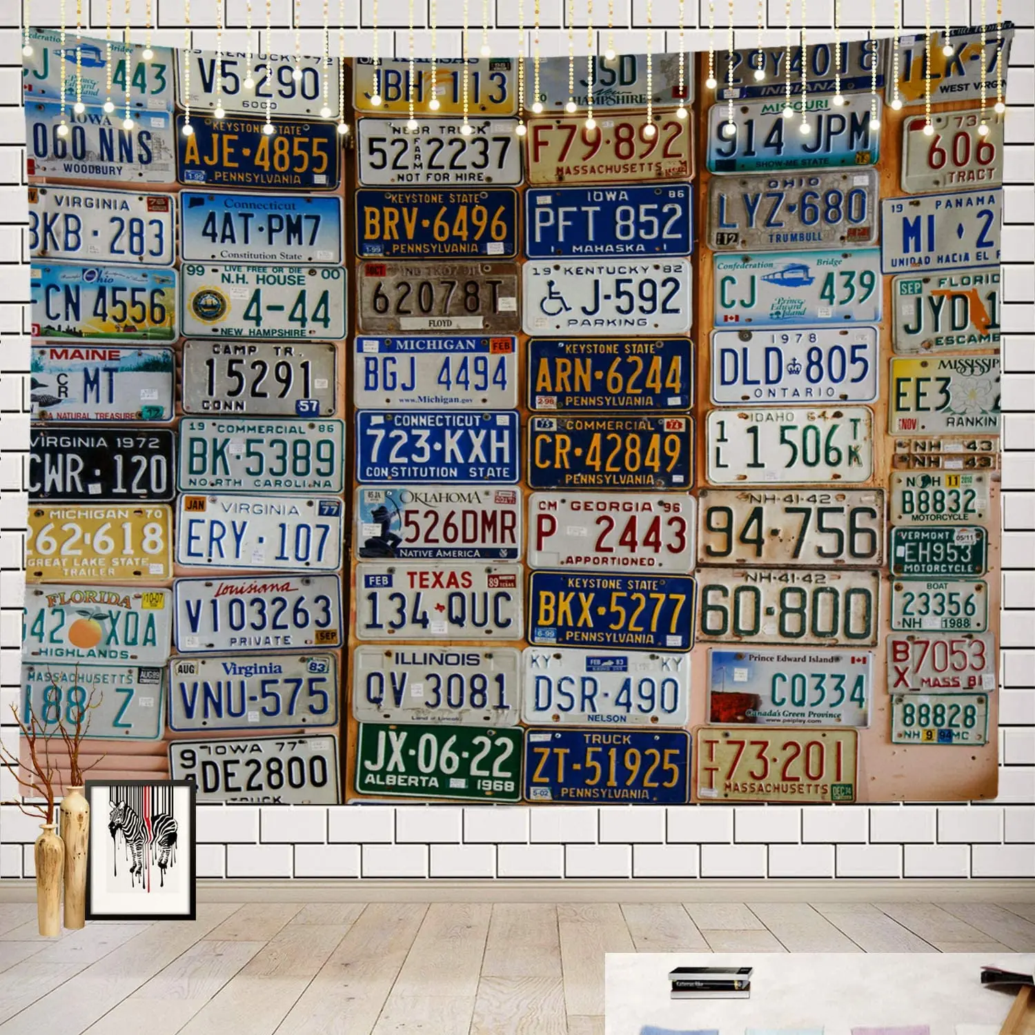 

USA Car American 70s 80s Tapestry, Maine State of USA License Plate Background Picnic Mat Hippie Trippy Tapestry Wall Art