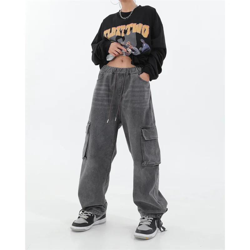 

Темно-серые женские свободные прямые брюки с большими карманами в американском ретро-стиле