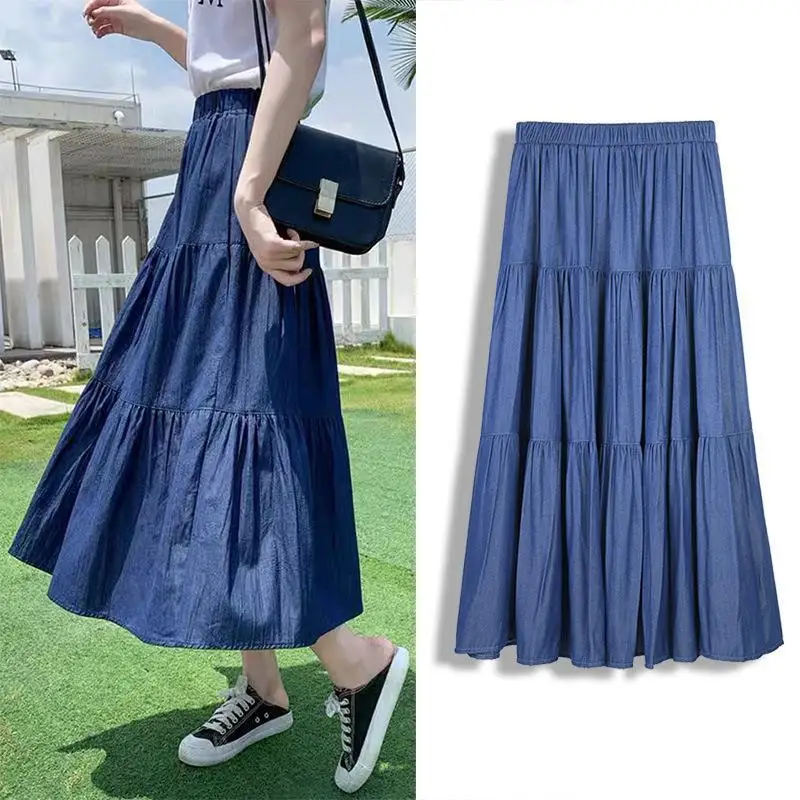 

Женская джинсовая юбка средней длины, однотонная трапециевидная юбка с высокой талией и широким подолом, весна-лето