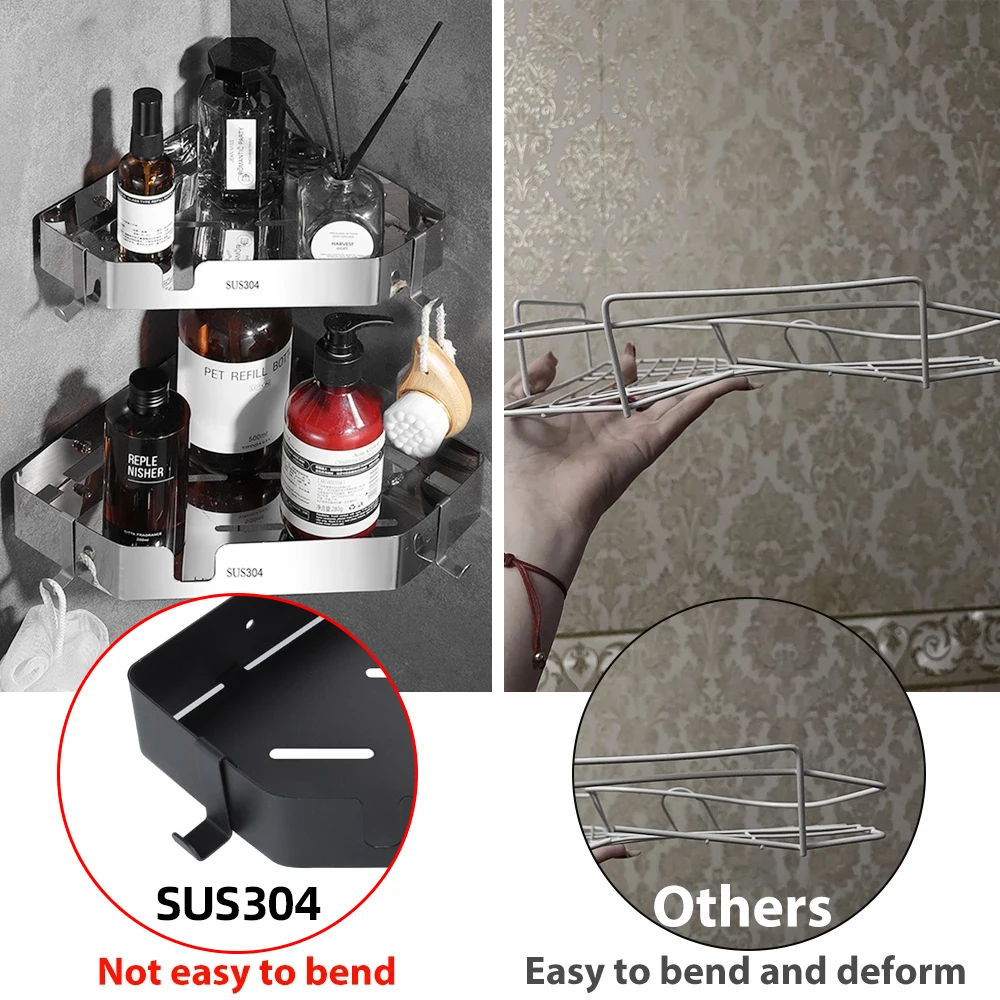 

Stainless Steel Shower Corner Shelf Anti-bending Bathroom Shelves No-drilling Wall Mount Storage Rack Holder Shampoo Organizer