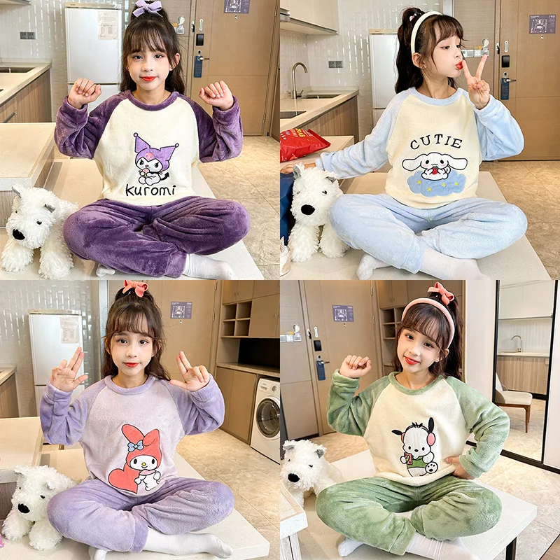 

Sanrioed Winter Flannel Children Pajamas Set Cute Anime Kuromi Melody Cinnamoroll Pochacco Boy Girl Warm Sleepwear Kids Homewear