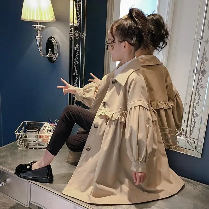 

Демисезонный однотонный осенний тренчкот Hc54, Женская Блестящая куртка, отложной Топ, ветровка с воротником, длинная одежда для детей 5-16 лет