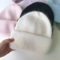 high grade solid color winter hat for women angora rabbit fur knitted hat winter warm woolen hat wild windproof cold hat beanie