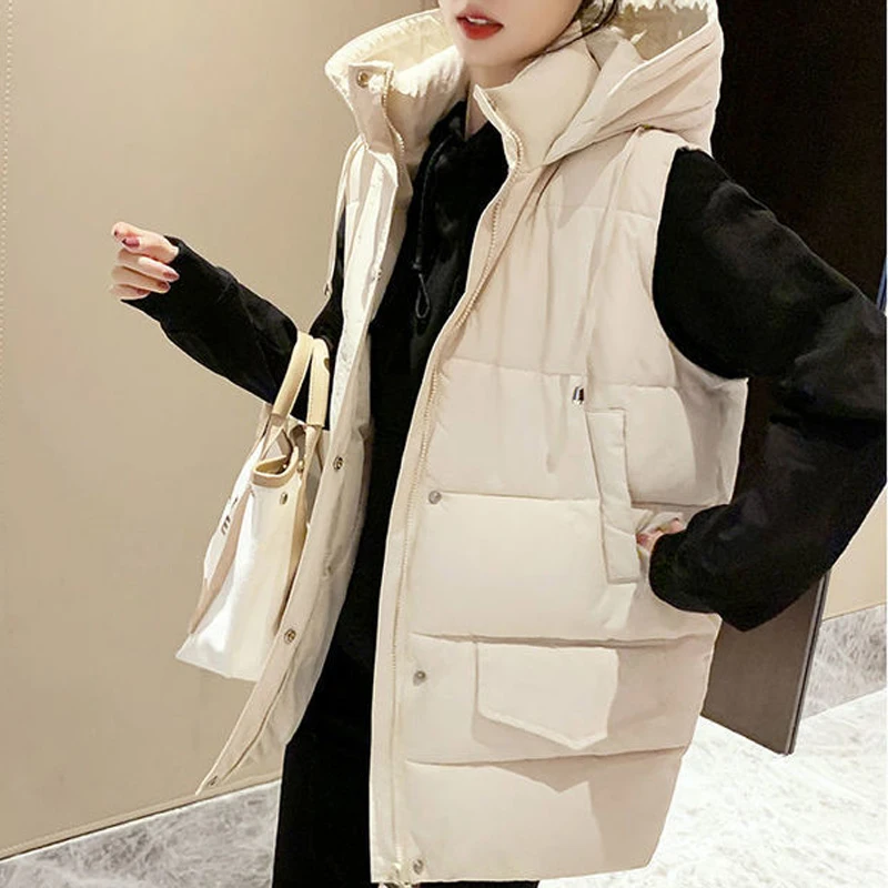Winter Long Vest Coat Women Down Cotton Parkas Korean Fashion Sleeveless Hooded Solid Color Loose Outerwear Female Jackets