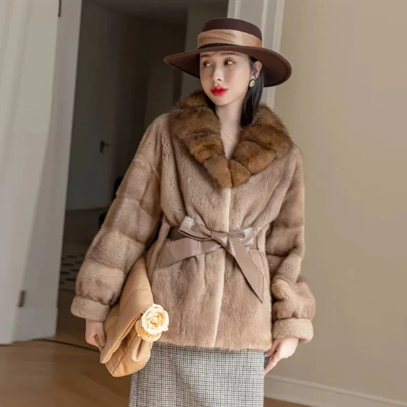 

Imported Velvet Mink Fur Coats Women Female Real Whole Russian Sable Mink Fur Collar Thick Jackets Luxury Warm Overcoat 2023 New