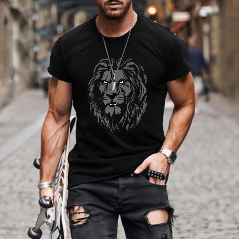 

New Retro Lion Pattern Men Round Neck T-shirt 3D Printing Animal Fashion Trend 2022 Summer Top Leisure Personality Streetwear