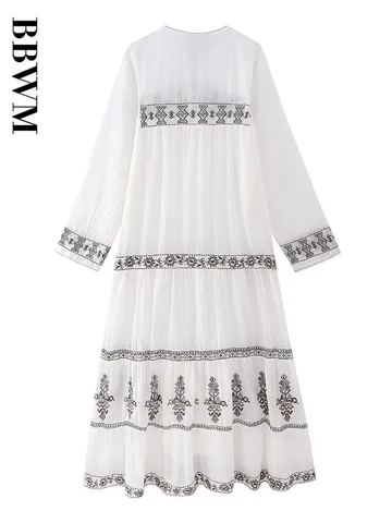 Long Dress Women Embroidery Loose Dress Women Vintage Long Sleeve Spring Dresses 2023 Fashion Casual Dresses Chic Female