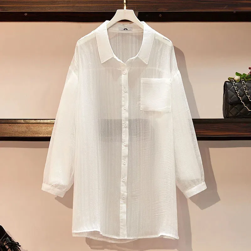 

Jmprs Oversize 5Xl Women Sun Proof Shirts Perspective Summer Solid Loose Casual Top Button Up Lady Long Sleeves Shirts Straight