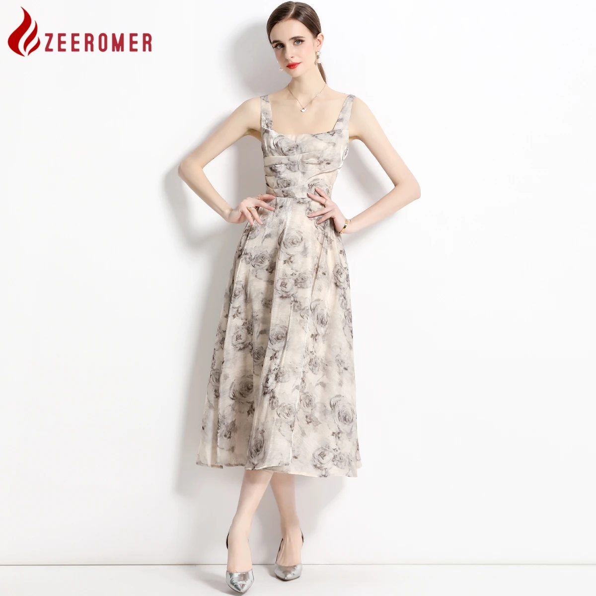 

Женское винтажное платье-миди ZEEROMER 2023, летнее элегантное платье-трапеция на бретелях-спагетти без рукавов с цветочным принтом роз