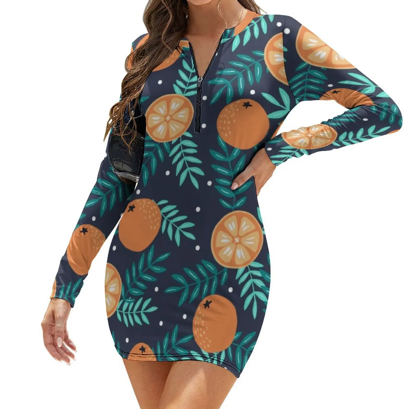 

Boho Oranges Bodycon Dress Female Green Leaves Print Club Dresses Spring Long Sleeve Street Fashion Print Dress Big Size 2XL