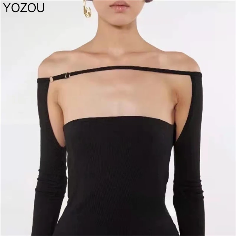 

YOZOU 2023, Роскошный дизайнерский хлопковый черный кроп-топ с воротником-лодочкой, Однотонная футболка с открытыми плечами и длинным рукавом, ф...