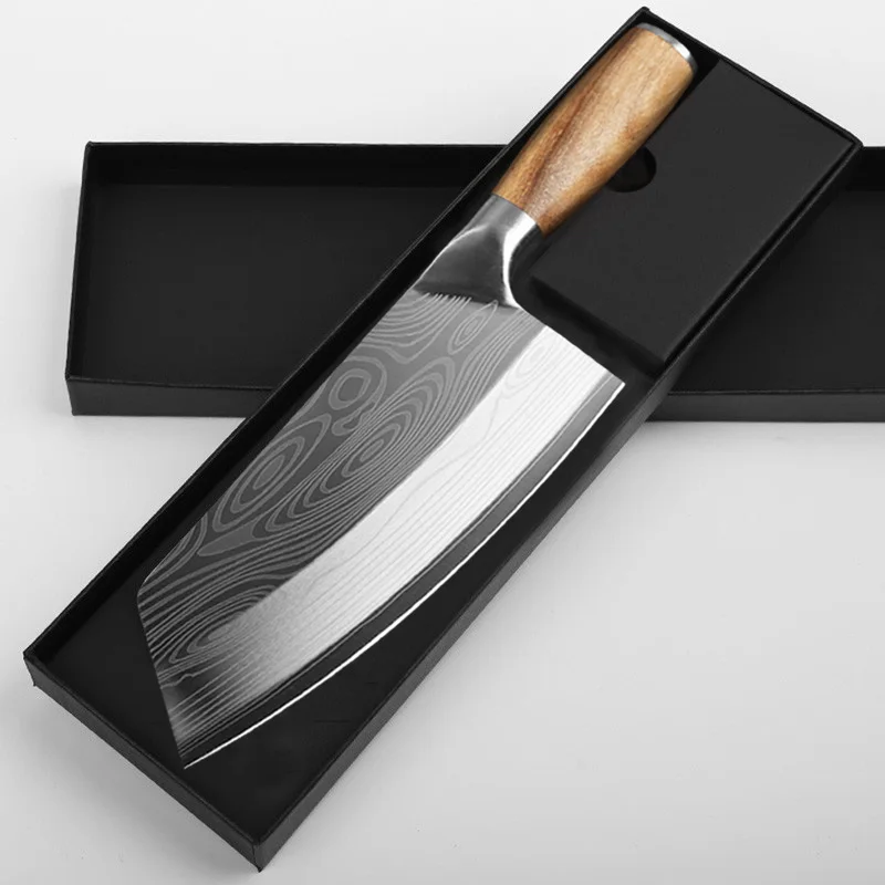 SHUOJI Japanese Kitchen Cleaver Knife 4Cr13 Stainless Steel Chef Slicing Knives Laser Damascus Vein Cooking Knives 7.8" Blade