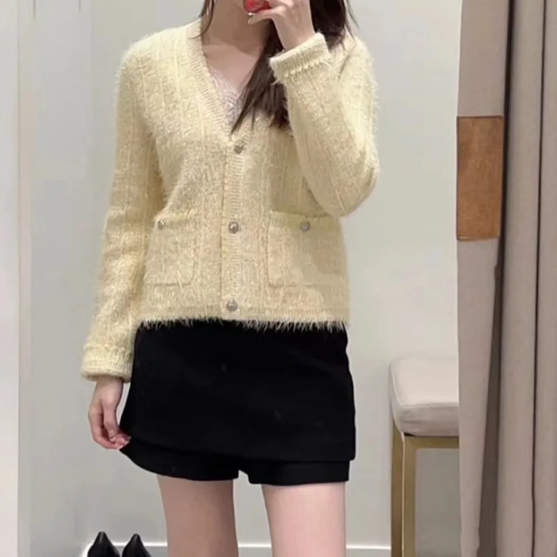 

2023 Spring New Women Sweater French Short V-neck Knitted Cardigan Jacket