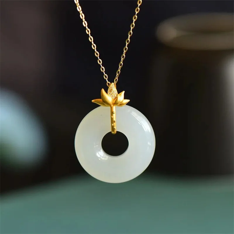 

Ethnic Lotus Buckle Pendant Jade Necklace Women Jewelry Trendy 925 Sterling Silver Chain Necklace Female Choker Accessories