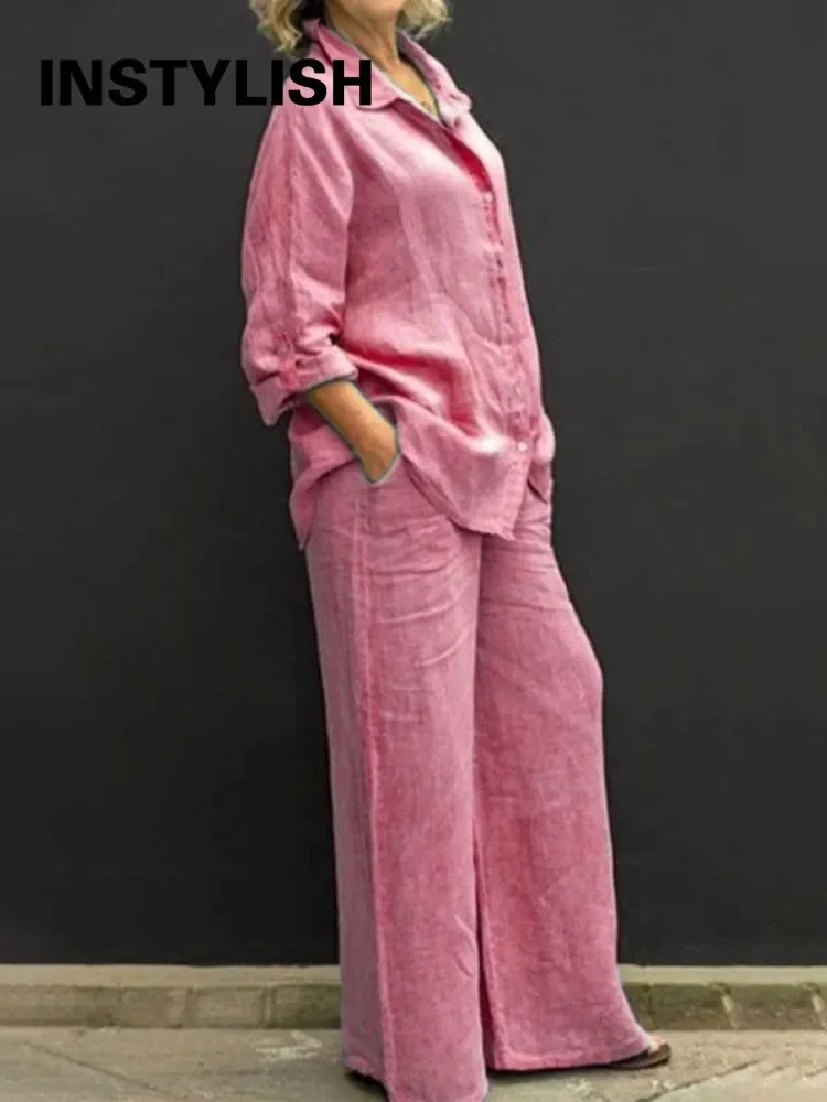 

Женский винтажный комплект из рубашки и брюк, однотонная льняная рубашка с отложным воротником, Длинная блузка с вырезами на пуговицах и свободные прямые брюки, повседневные Костюмы на осень