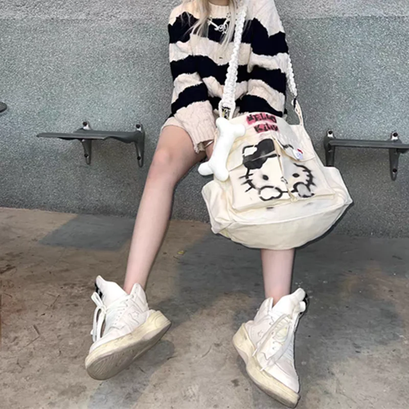 

Sanrio Kt, ручная роспись, сердцебиение, струйная сумка, Национальный стиль, искусственный хлопок, Миллениум, крутая девушка Y2k