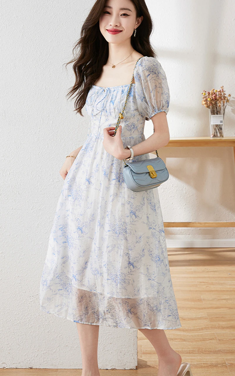 Женское шифоновое платье миди с квадратным вырезом элегантное французским