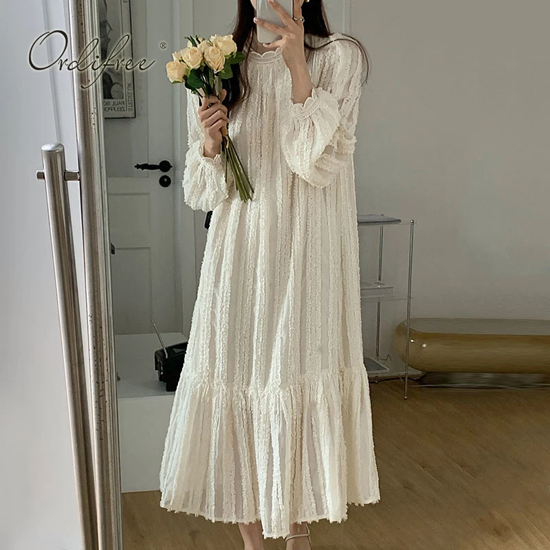 

Женское длинное пляжное платье Ordifree, белое свободное Кружевное Платье макси с длинным рукавом для отпуска, весна-лето 2022