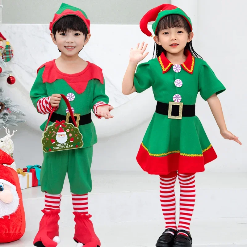 

2024 New Year Elf Costume Child Baby Elf Outfit Christmas Cosplay Santa Girl Disguise of Santa Claus Child Carnival Suit 5Pcs